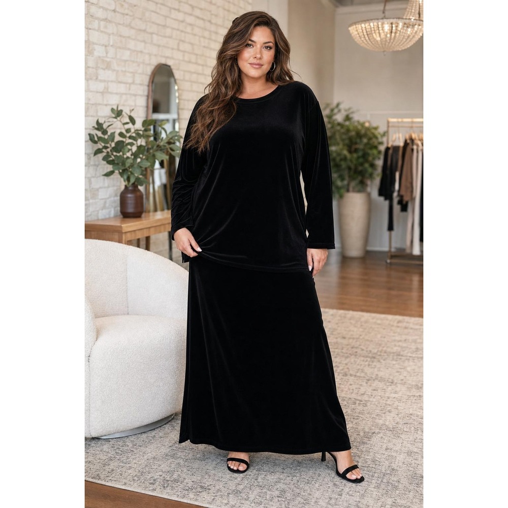 Worthington 2 Piece Velvet Outfit Women's 1X Black Maxi Skirt Tunic Top